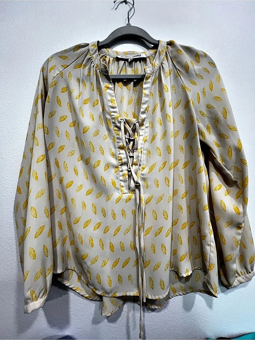 Collective Concepts Women's Lace-Up Blouse in White & Yellow Size Medium